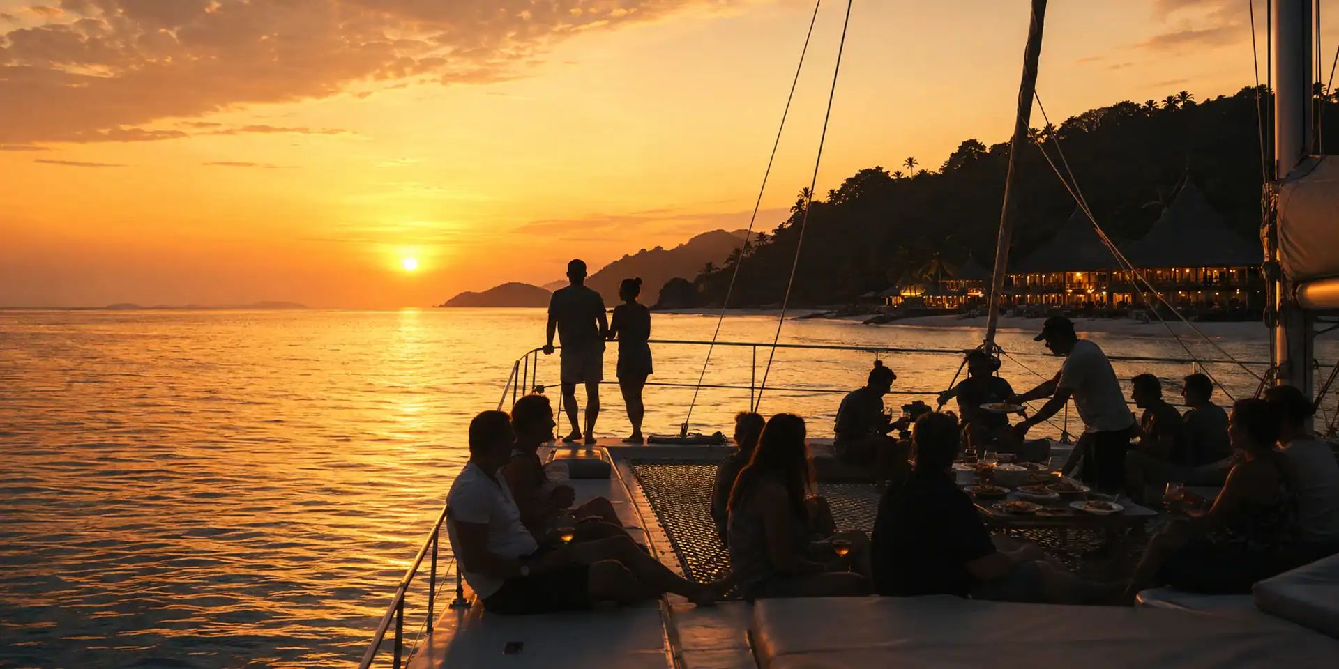 Dinner on deck, sun behind Rebak