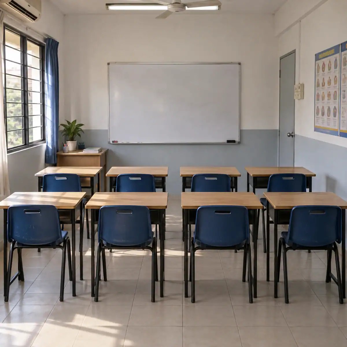A small classroom with eight desks facing a whiteboard